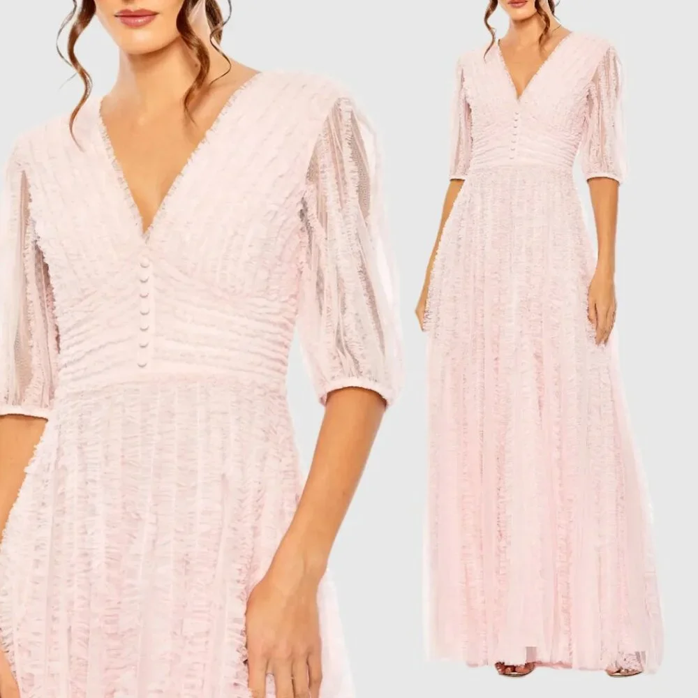 Mac Duggal 8050 Size 24 Pastel Pink Ruffled Half Sleeve Long Maxi Gown‎ Dress - Picture 2 of 4